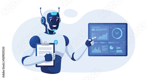 Futuristic robot analyzing data on digital screen with report