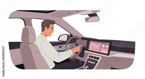 Man using car touchscreen with navigation map and digital dashboard display