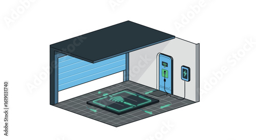 Isometric smart garage with wireless electric vehicle charging station