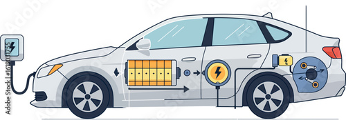 Electric car diagram: simplified hybrid vehicle charge and battery system