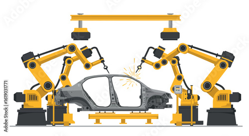 Automated factory robots assembling car frame in modern industrial setting