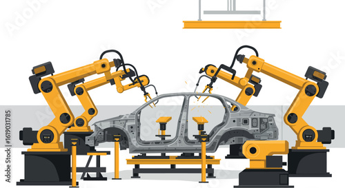 Robotic arms in modern car assembly line manufacturing process