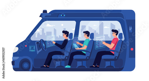 Futuristic self-driving van with passengers using interactive screens in urban environment