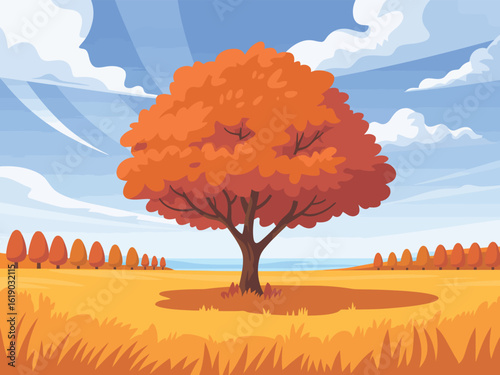Autumn landscape with a single orange tree standing proudly in a field with distant trees and a beautiful blue sky with scattered clouds