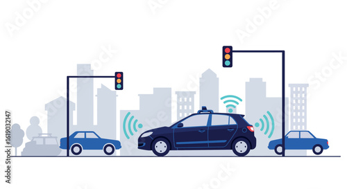 Autonomous vehicle in cityscape with traffic lights and wireless signals