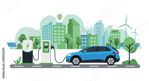 Eco-friendly city: electric car charging in urban landscape with renewable energy elements