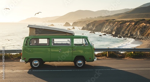 Vintage green camper van on a scenic coastal highway at sunset, a symbol of adventure and road trip freedom.