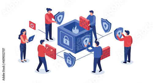 Isometric cybersecurity team building firewalls and protection shields