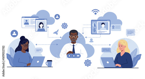 Teamwork in a digital workspace with virtual communication and collaboration tools
