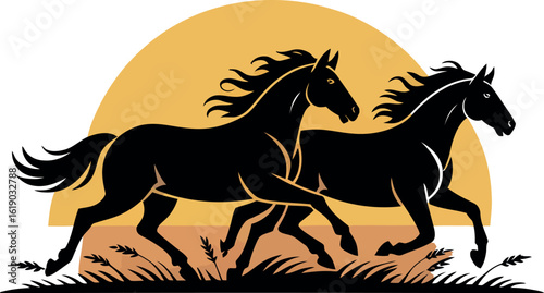 Two black horses running in front of a yellow sun with the words equus liber underneath them