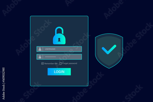 Secure login and digital authentication. User accessing account via smartphone with virtual password and shield icons for cyber security