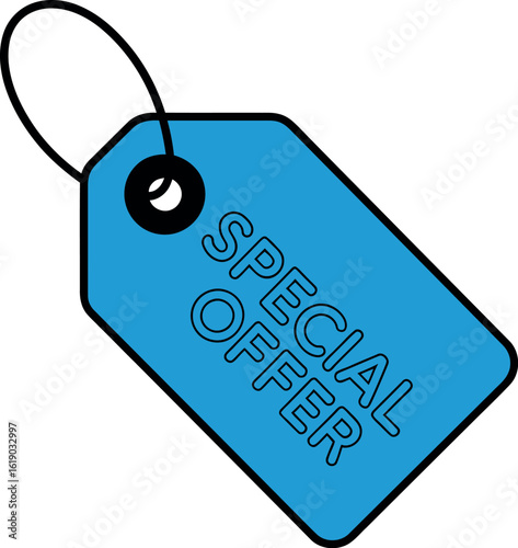A blue price tag with the words special offer on it against a plain light gray background in a studio shot