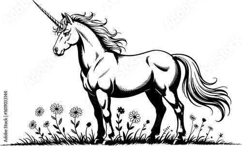 Illustration of a unicorn standing in a field of flowers with a shining light behind it