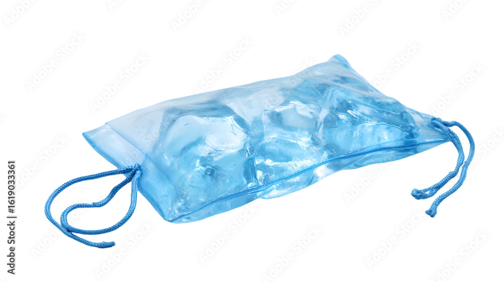 Fototapeta premium A translucent blue bag filled with ice cubes and a drawstring closure against a black background