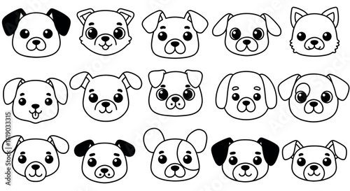 Cute dog faces set in simple black and white style with various breeds