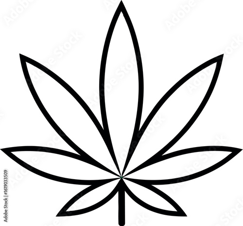 A single green cannabis leaf with black outline and shadow on a light gray gradient background