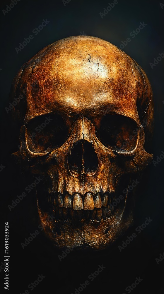 Obraz premium A close-up view of an ancient human skull, showcasing intricate details and textures against a dark background, evoking themes of anthropology and history.