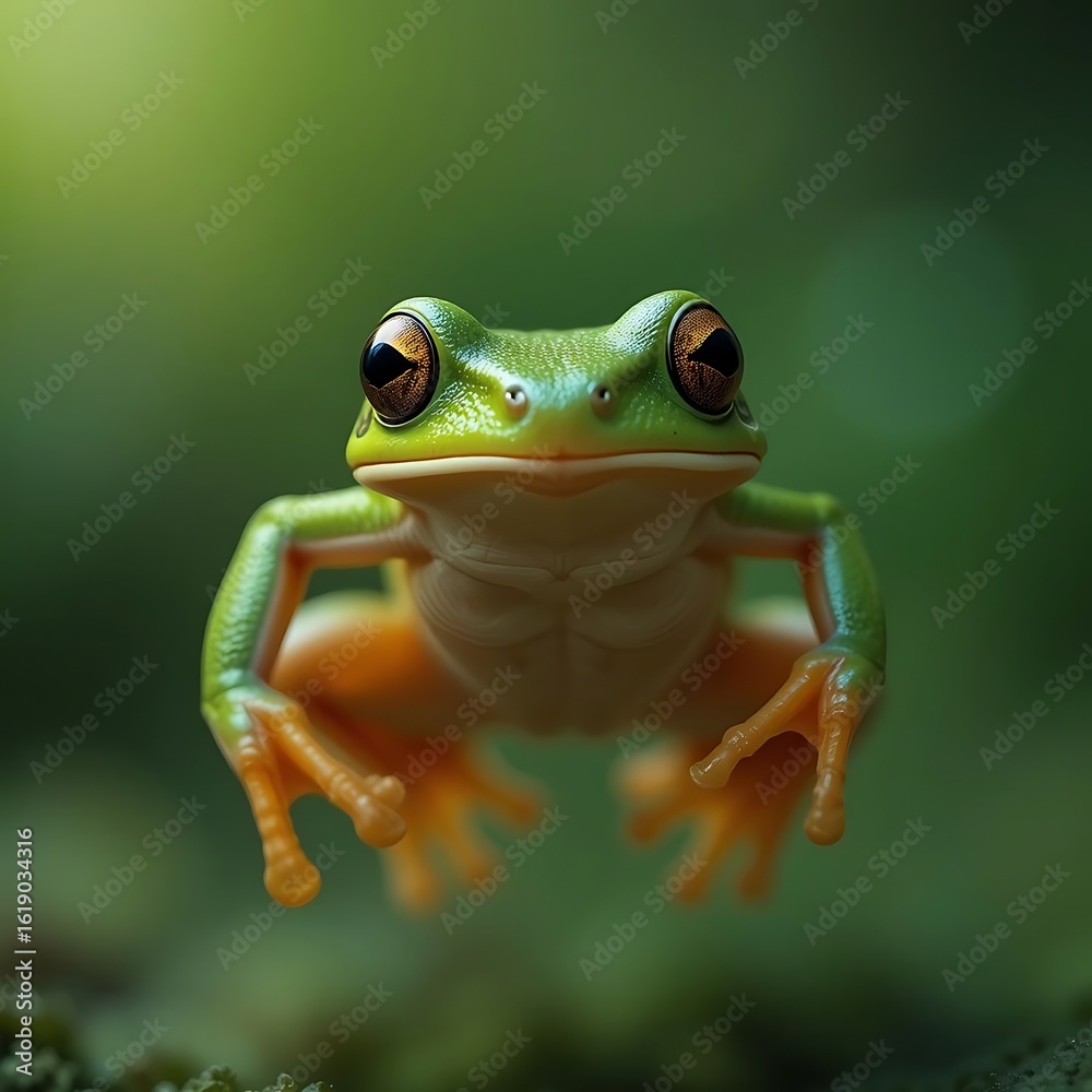 Obraz premium Green Tree Frog Leaping in Natural Habitat with Blurred Background