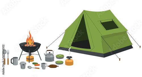 Camping essentials with green tent and outdoor cooking setup