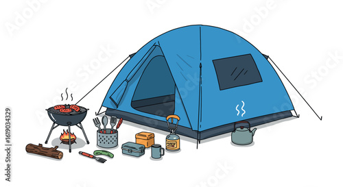 Camping gear and tent scene: outdoor adventure essentials in a colored cartoon style