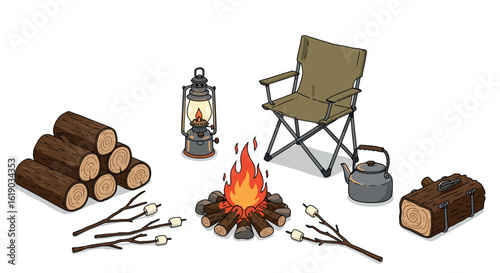 Outdoor camping scene with campfire, lantern, and marshmallows