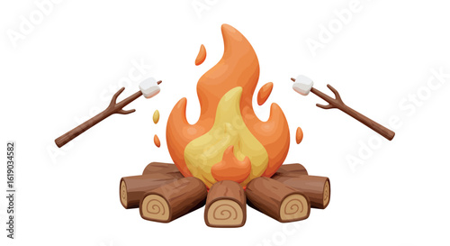 Cozy campfire with marshmallows on sticks in cartoon style