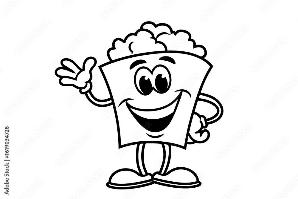 Obraz premium Coloring page for kids with cartoon popcorn character waving with cheerful expression