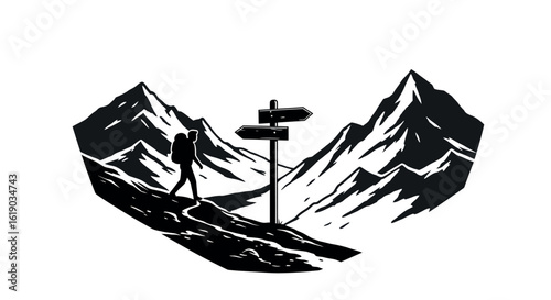 Adventurous trekker on mountain path silhouette with signpost