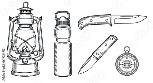 Camping essentials in vintage style: lantern, knife, water bottle, and compass sketch
