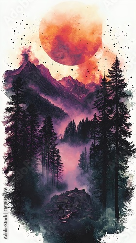 A stunning landscape featuring towering mountains, lush forests, and a vibrant, colorful sunset. A peaceful village nestled in the valley adds charm.
