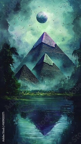 A mystical scene featuring ancient pyramids surrounded by lush foliage and a reflective water surface, illuminated under an enchanting moonlit sky.