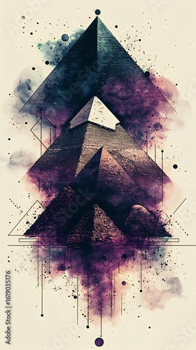 Stunning artistic representation of pyramids in a colorful abstract style, showcasing unique geometric shapes and textures in a dreamy setting.