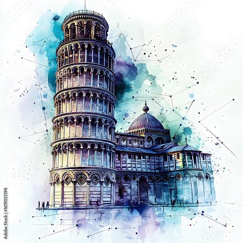A stunning watercolor illustration of the Leaning Tower of Pisa with vibrant splashes of color and artistic flair, showcasing its unique architectural beauty.
