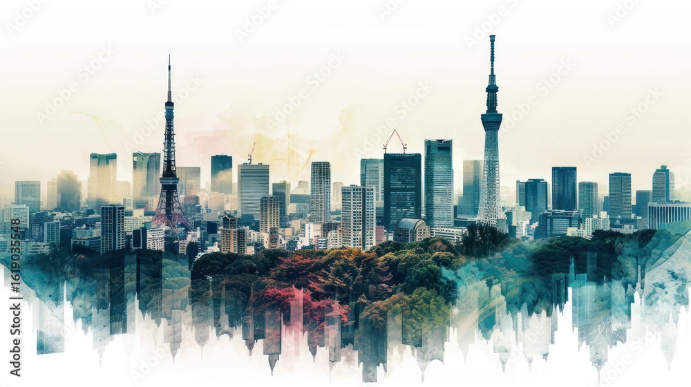 Naklejka premium City skyline watercolor illustration