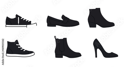 Minimalist silhouette collection of various shoe styles in black