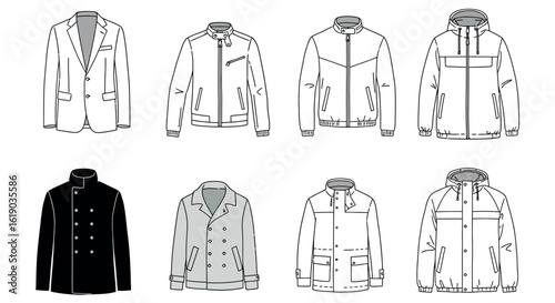 Stylish outerwear collection: linear design of jackets and coats