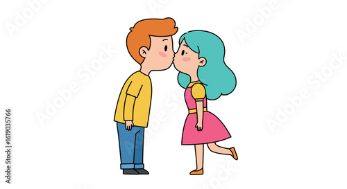 Cute cartoon couple sharing a sweet kiss in simple design