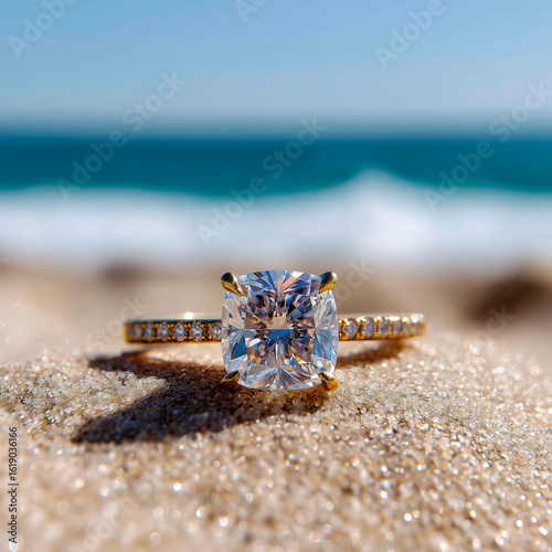 Diamond Ring on Sand, Beach Background