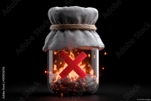 Jar with Fabric Lid Containing Red X and Flames
