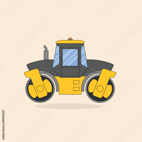 Cartoon road roller vehicle illustration. Simple flat design of a steamroller for the construction industry and heavy machinery graphic projects.