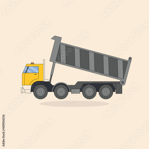 Yellow dump truck illustration with a raised tipper bed. Heavy industrial vehicle for construction and material transport concept. Flat vector graphic.