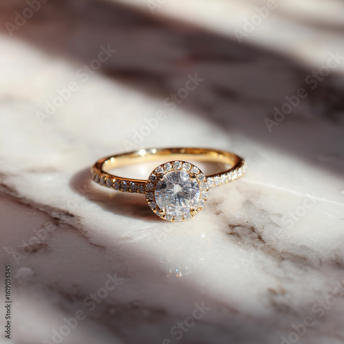Gold Ring with Diamond on Marble Surface
