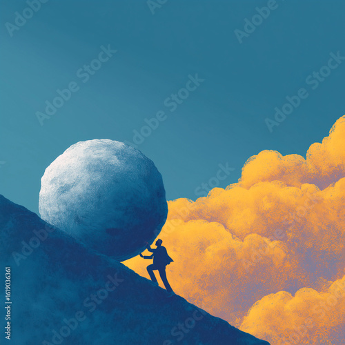 Man Pushing Rock Uphill, Illustration
