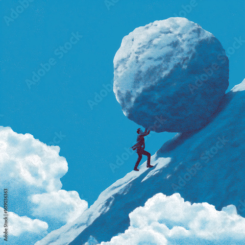 Man Pushing Boulder Uphill, Blue Background