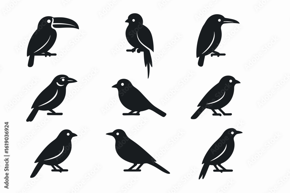Naklejka premium Bird silhouette icon set: sparrow, crow, toucan silhouettes for nature projects