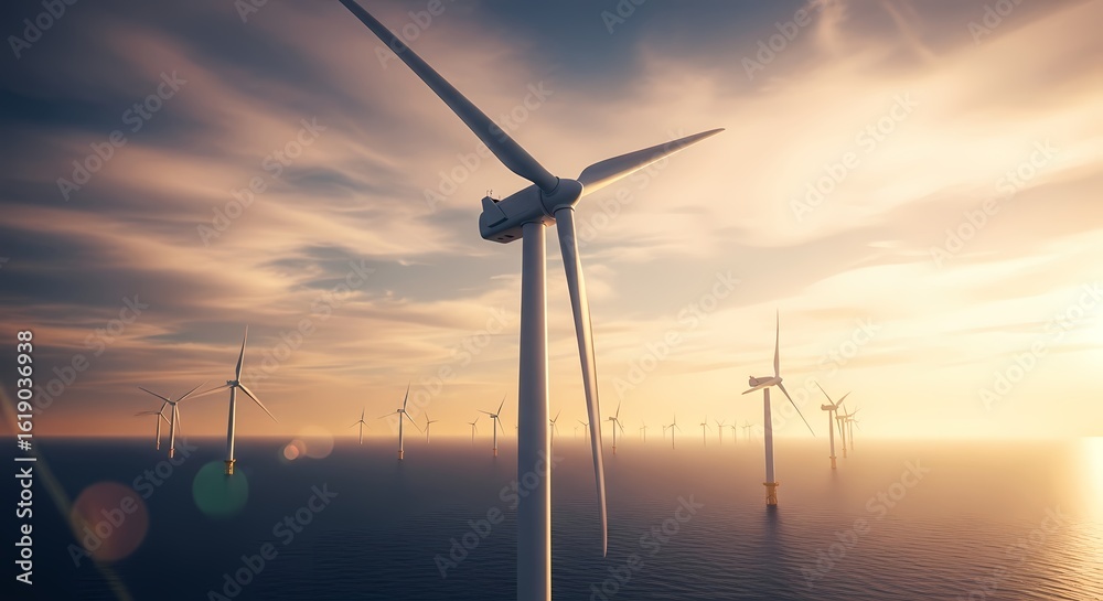 Obraz premium Offshore Wind Farm Sunset Renewable Energy Illustration
