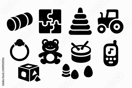 Toys, games silhouette icon set. children's playtime icons collection