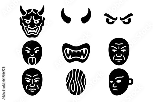 Traditional japanese mask silhouette icon set. oni, kitsune, hannya masks collection