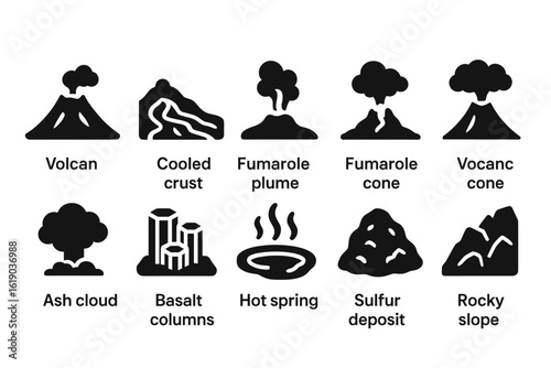 Volcano, geology solid icon set. volcanic activity, eruption icons solid collection