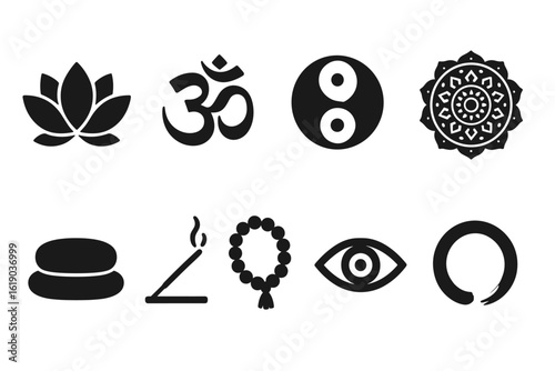 Meditation and yoga solid icon set. wellness, zen symbols for mindful practice